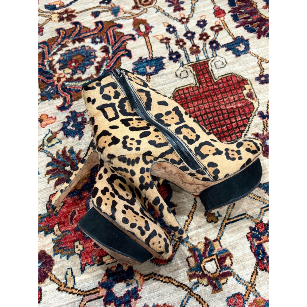 L.A.M.B. Leopard Pony Hair Platform Booties Heels 5.5M Real Fur Gwen Stefani